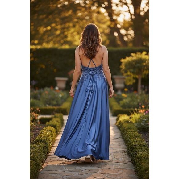 Faviana 9498 Blue Satin Formal Gown – Size 18 – Beaded Bustier & Corset Back NWT - Picture 3 of 16